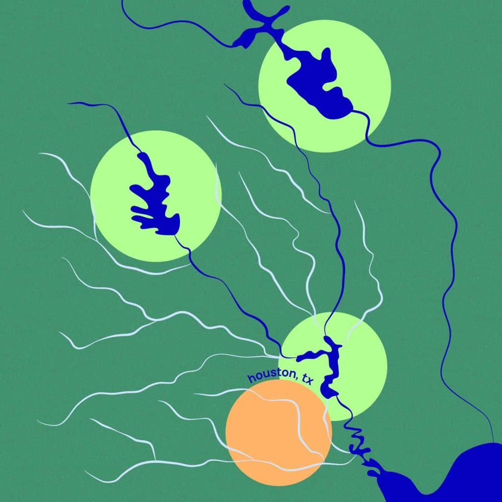 Molly’s full map of Houston’s three reservoirs that supply water to the city: Lake Houston (primary), Lake Livingston, and Lake Conroe.